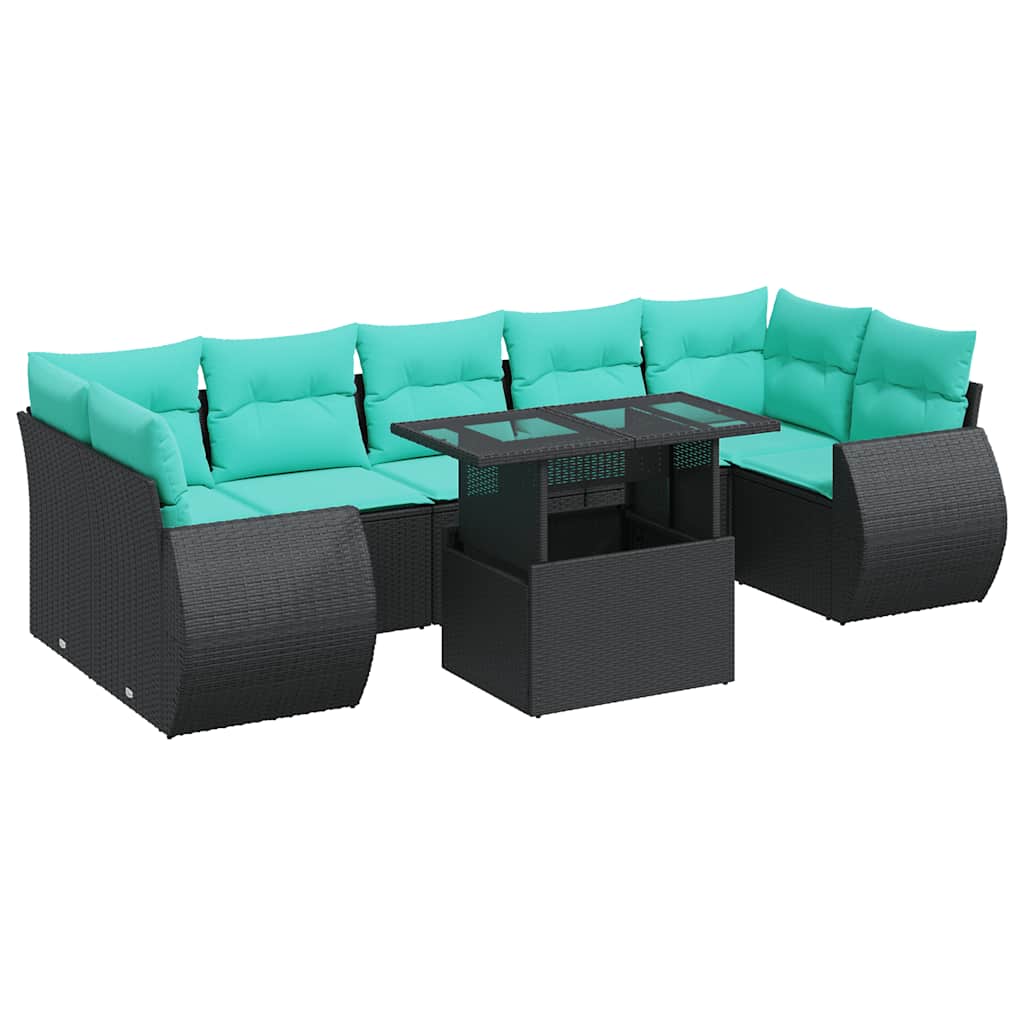 8 Piece Patio Sofa Set with Cushions Black Poly Rattan Acacia