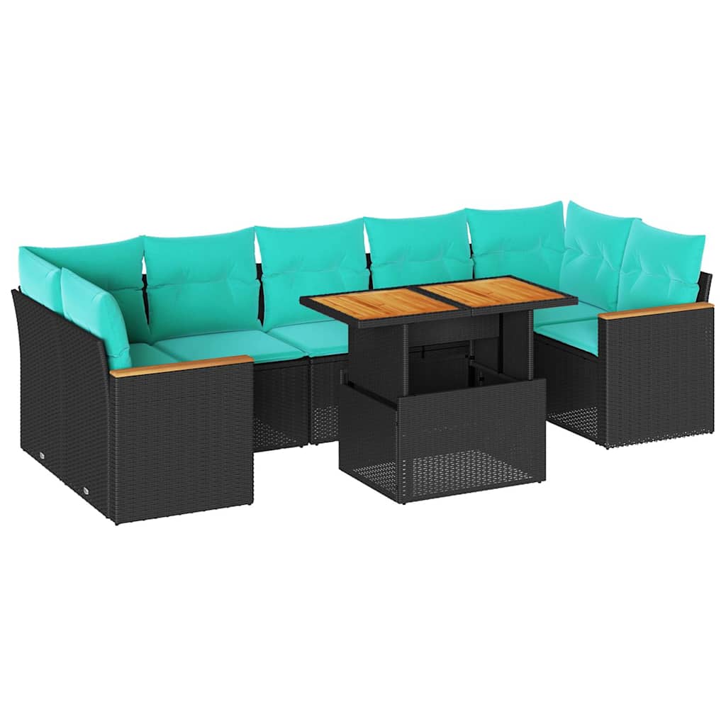 8 Piece Patio Sofa Set with Cushions Black Poly Rattan