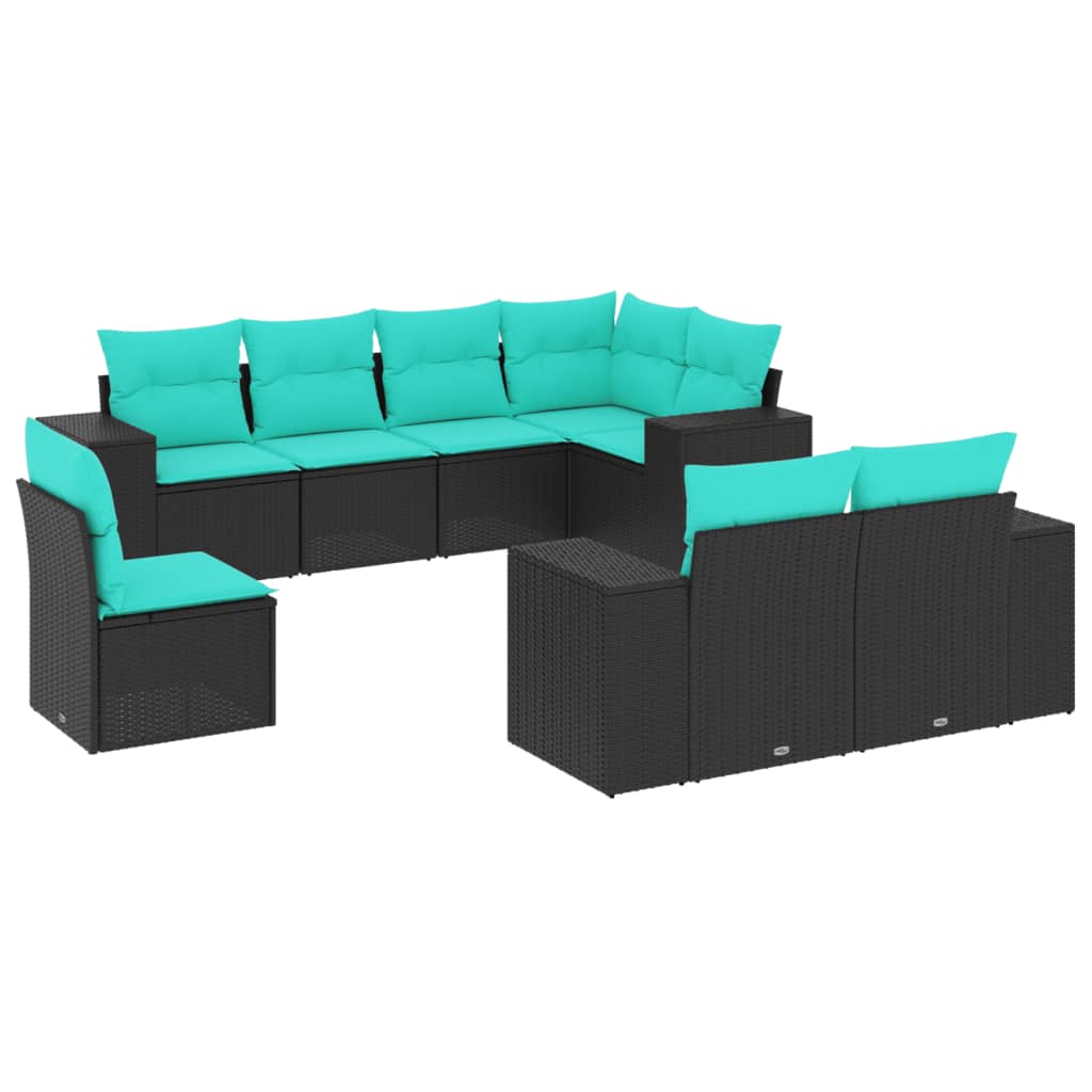 8 Piece Patio Sofa Set with Cushions Black Poly Rattan