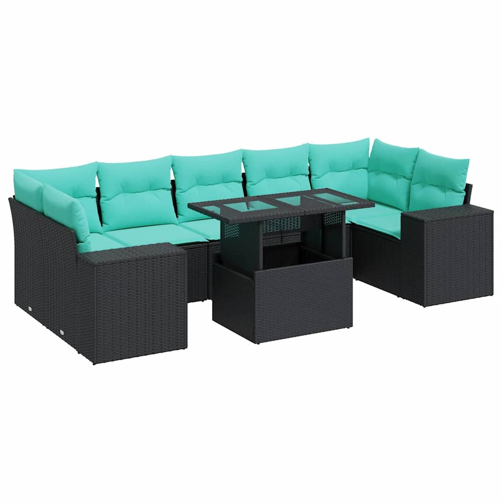 8 Piece Patio Sofa Set with Cushions Black Poly Rattan Acacia