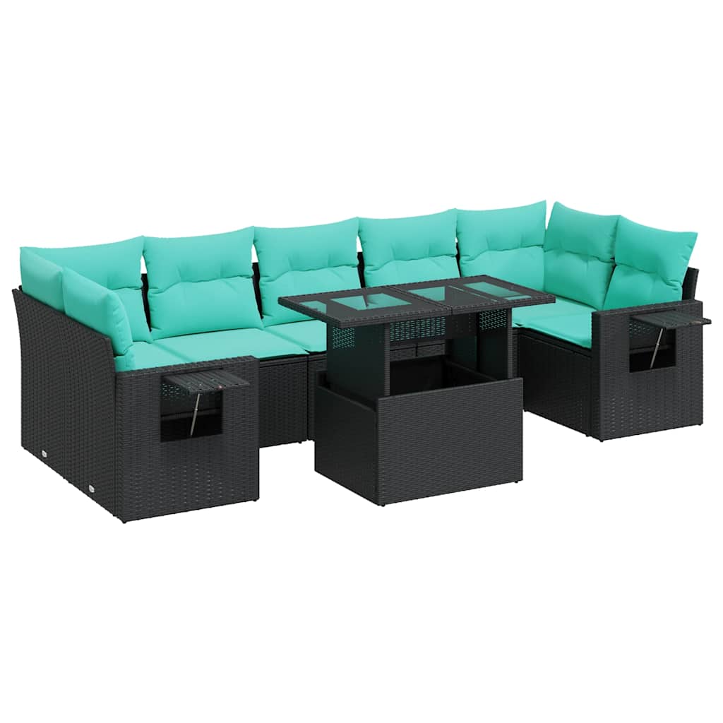 8 Piece Patio Sofa Set with Cushions Black Poly Rattan Acacia