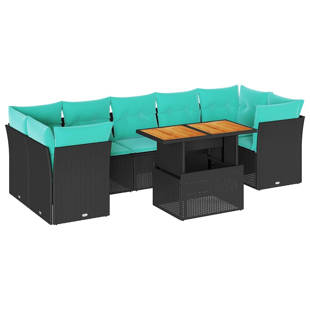 8 Piece Patio Sofa Set with Cushions Black Poly Rattan