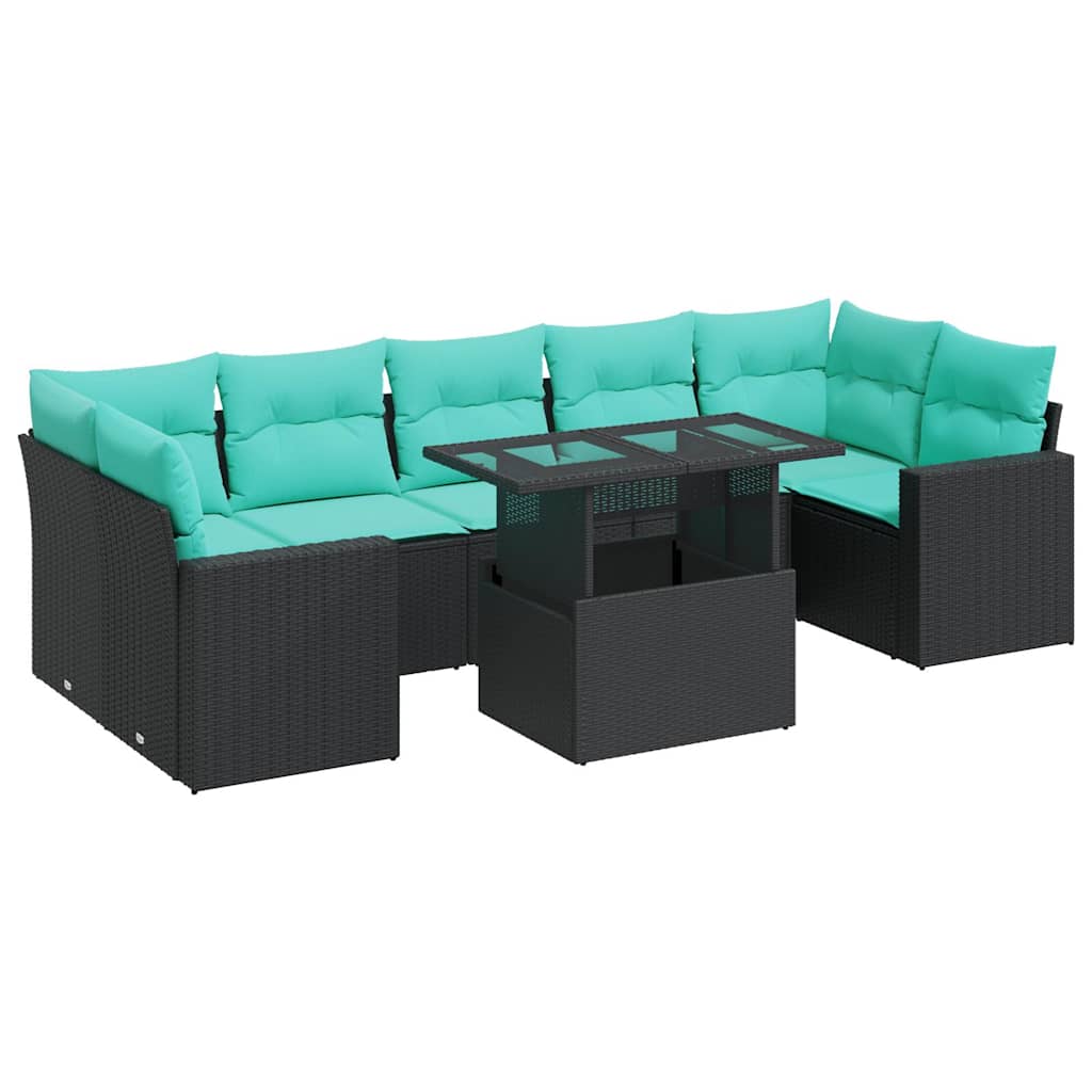 8 Piece Patio Sofa Set with Cushions Black Poly Rattan Acacia
