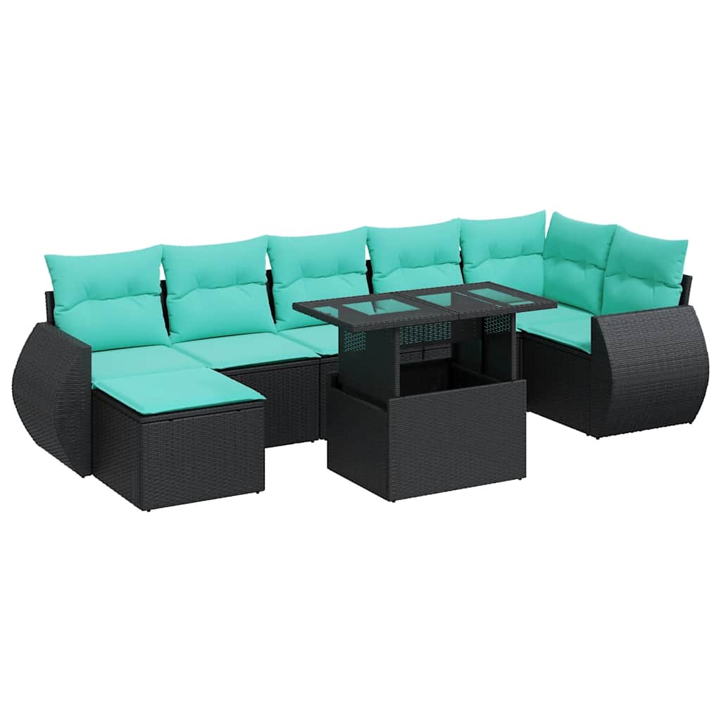 8 Piece Patio Sofa Set with Cushions Black Poly Rattan Acacia