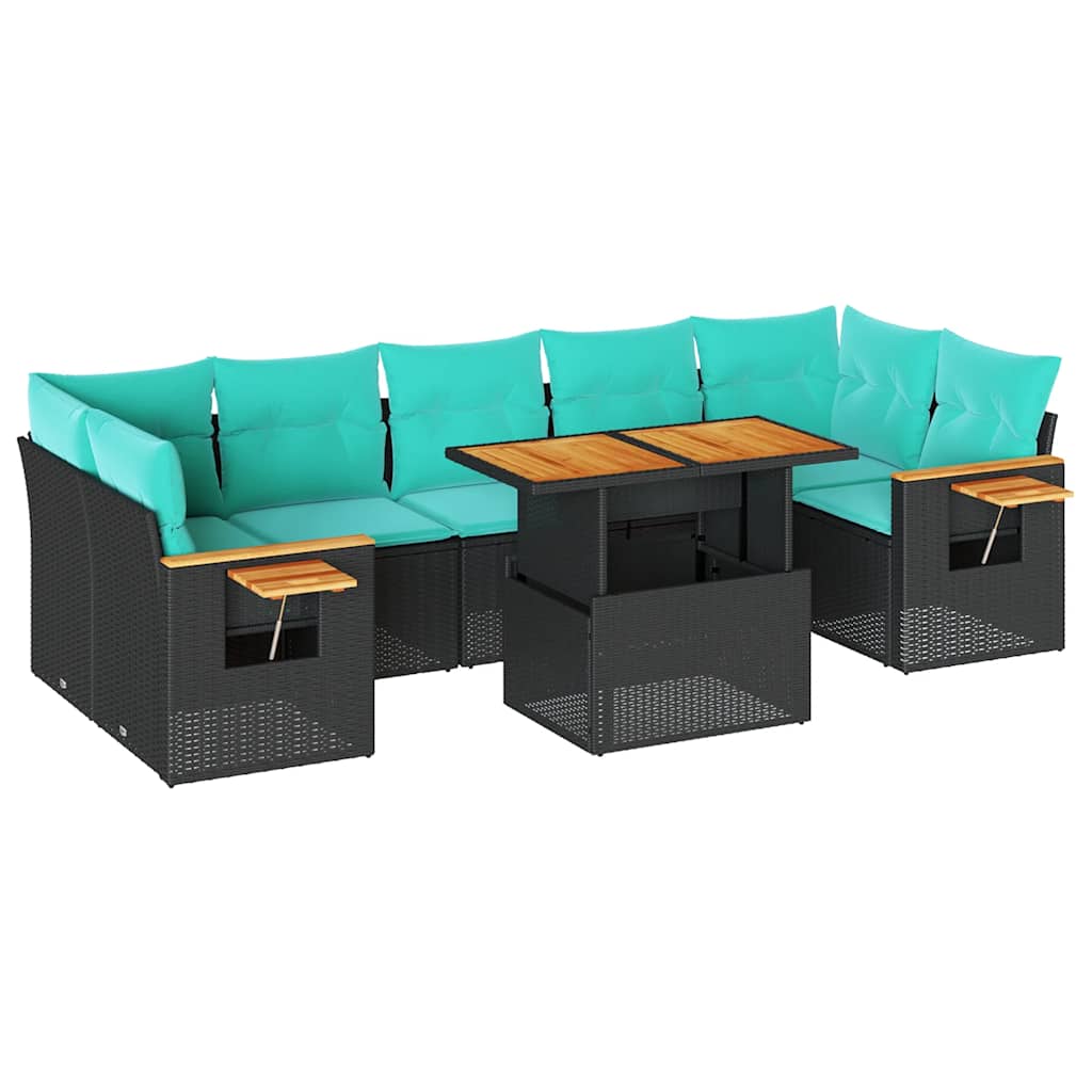 8 Piece Patio Sofa Set with Cushions Black Poly Rattan