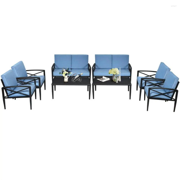 8-piece patio set with aluminum frame, cushioned sofa chairs, coffee table, all in blue