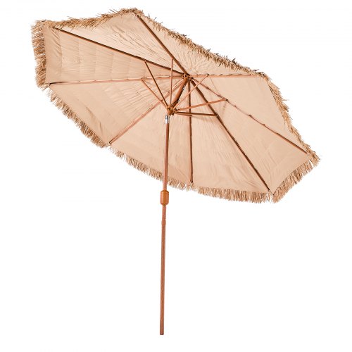 9 ft thatched patio umbrella with tilt, Hawaiian-style beach parasol featuring durable PP thatch and 8 metal ribs, ideal for poolside or grassy areas