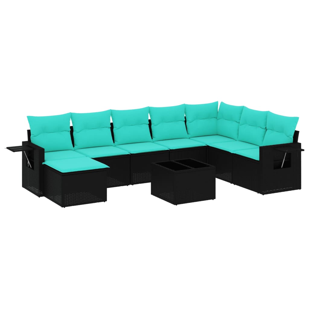 9 Piece Garden Sofa Set with Cushions Black Poly Rattan