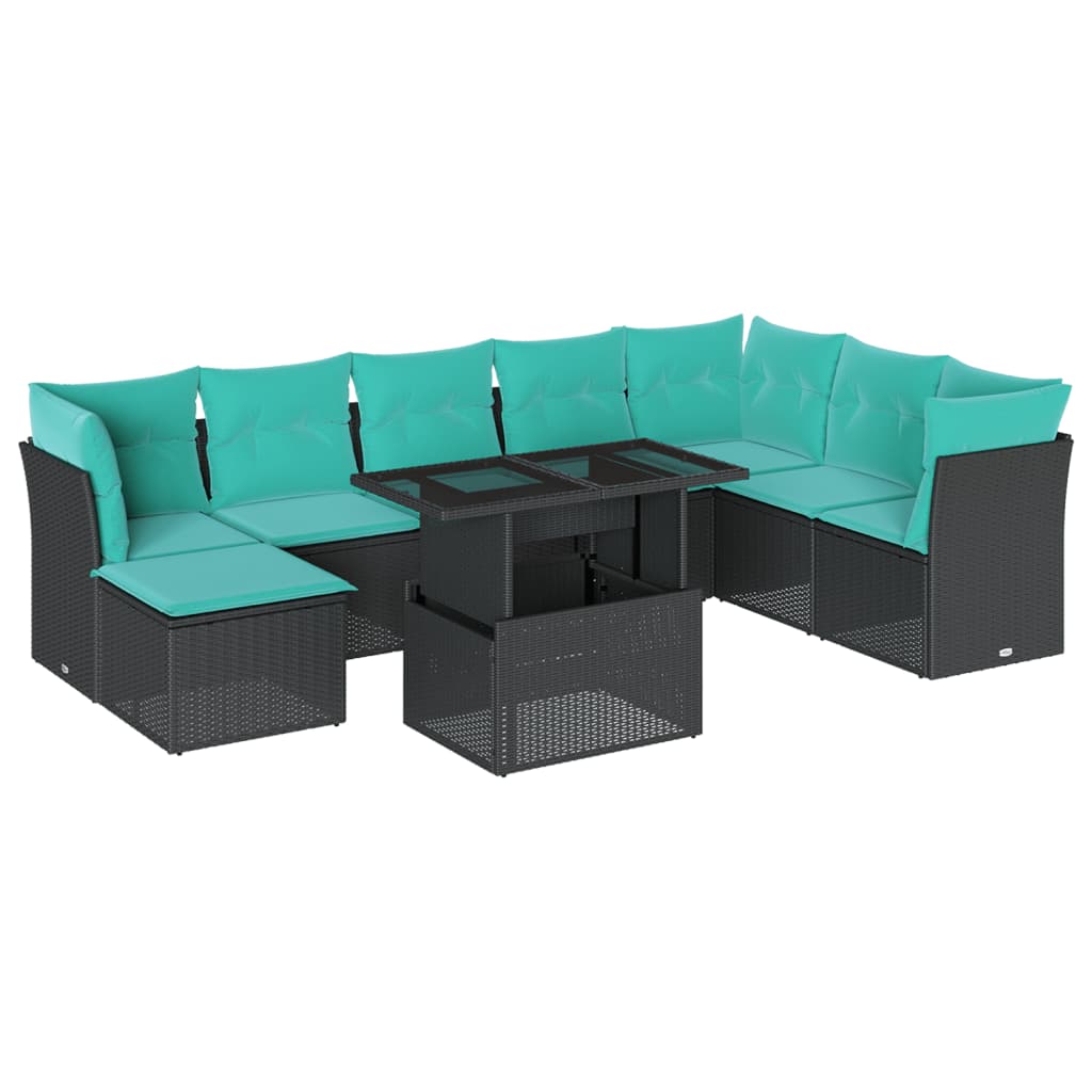 9 Piece Garden Sofa Set with Cushions Black Poly Rattan