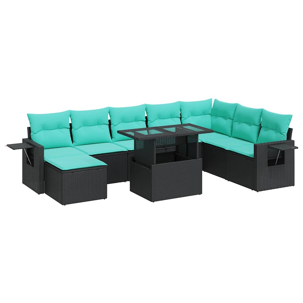 9 Piece Garden Sofa Set with Cushions Black Poly Rattan Acacia