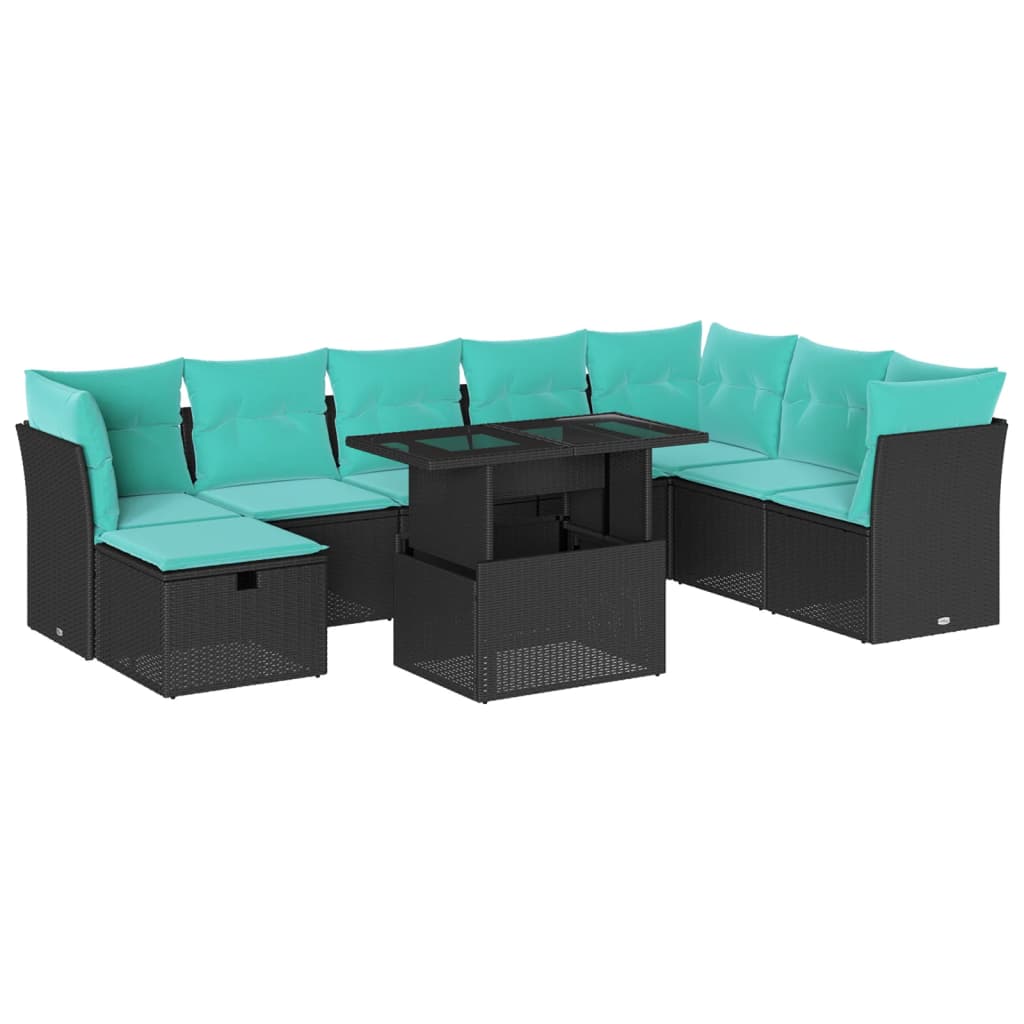 9 Piece Garden Sofa Set with Cushions Black Poly Rattan
