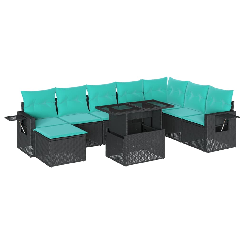 9 Piece Garden Sofa Set with Cushions Black Poly Rattan