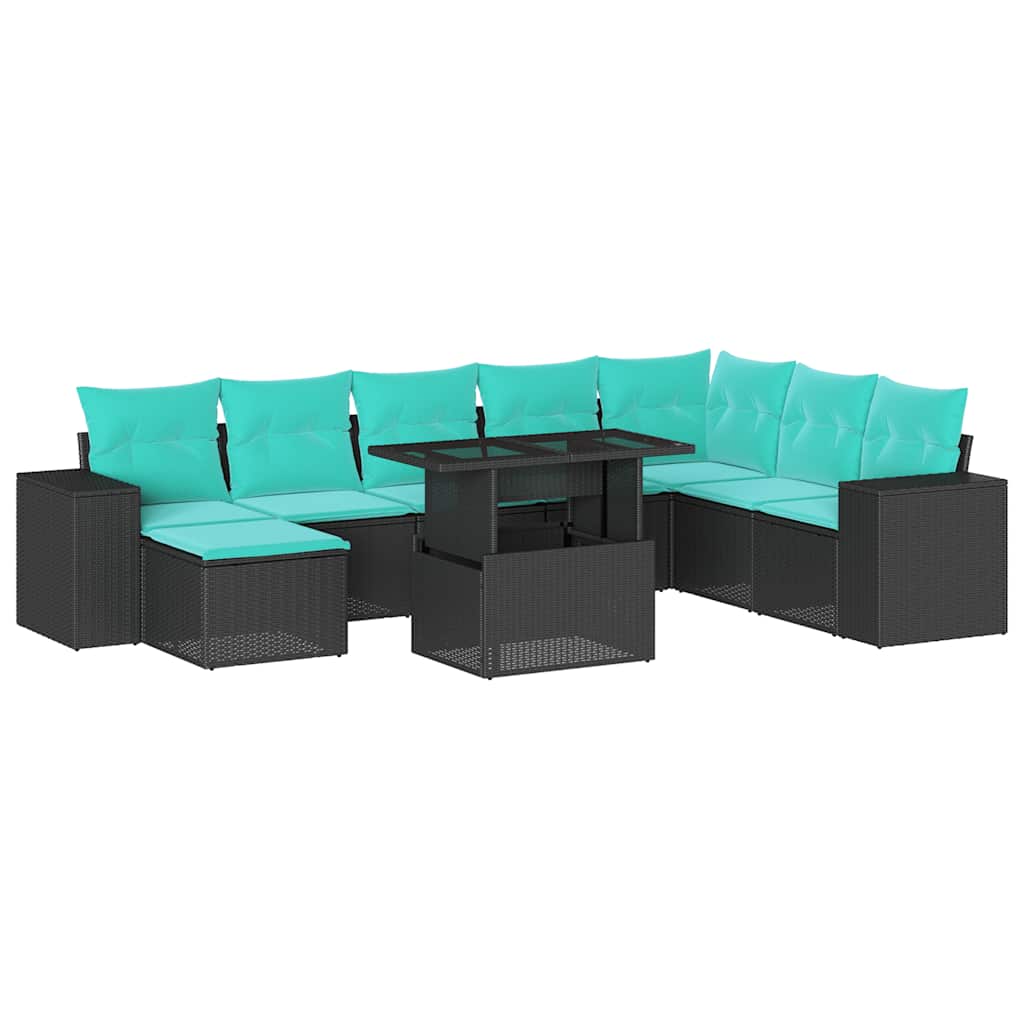 9 Piece Garden Sofa Set with Cushions Black Poly Rattan