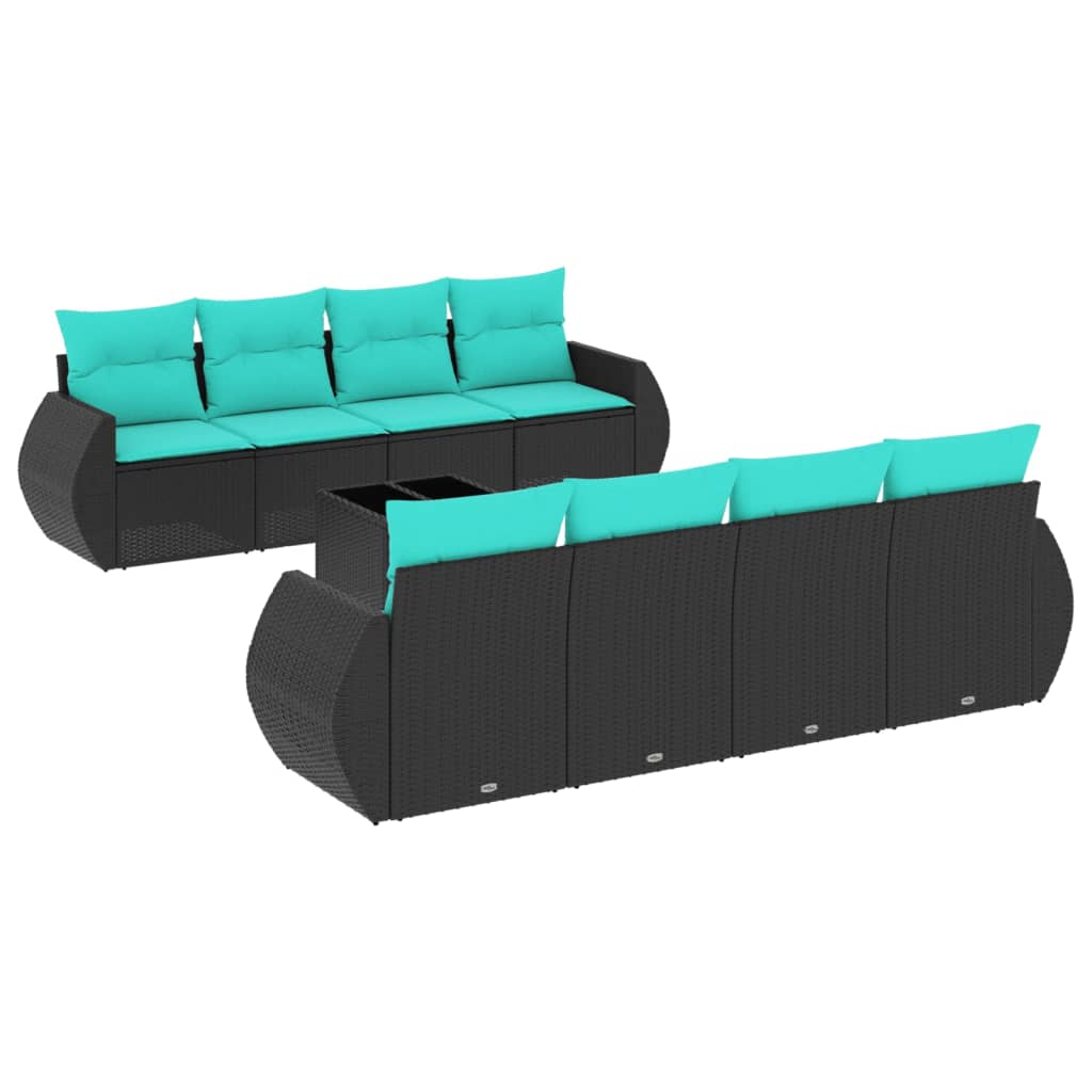 9 Piece Garden Sofa Set with Cushions Black Poly Rattan