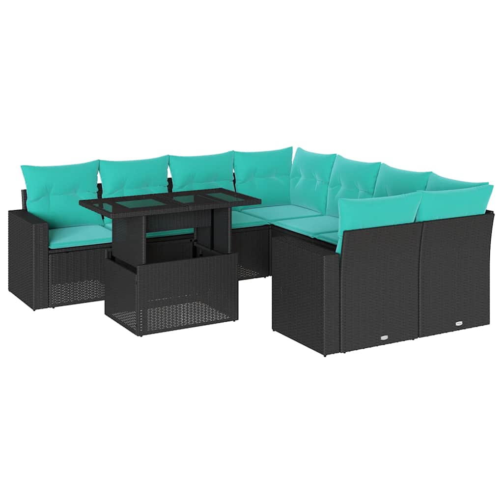 9 Piece Garden Sofa Set with Cushions Black Poly Rattan