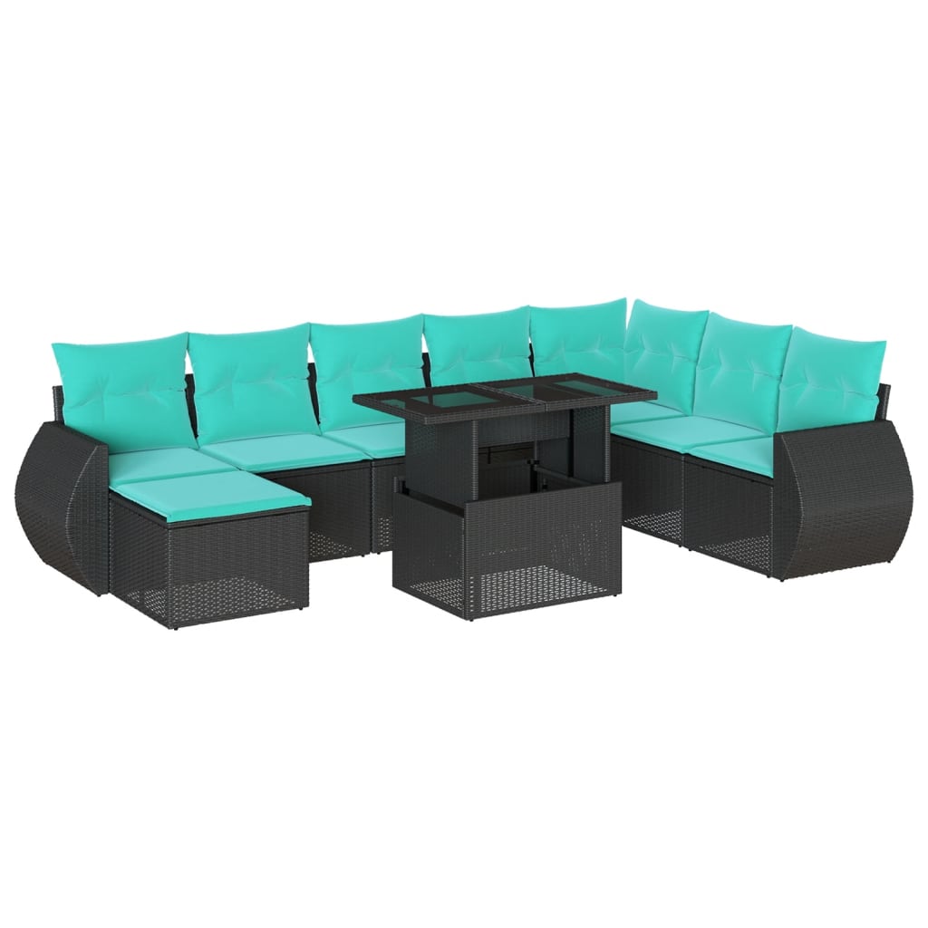 9 Piece Garden Sofa Set with Cushions Black Poly Rattan