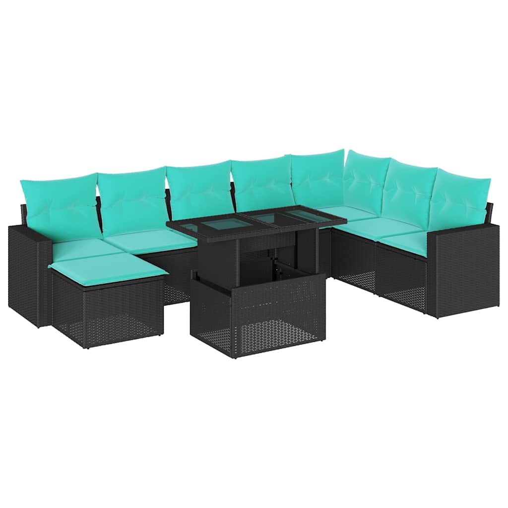 9 Piece Garden Sofa Set with Cushions Black Poly Rattan
