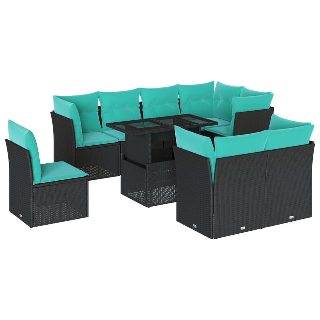 9 Piece Garden Sofa Set with Cushions Black Poly Rattan