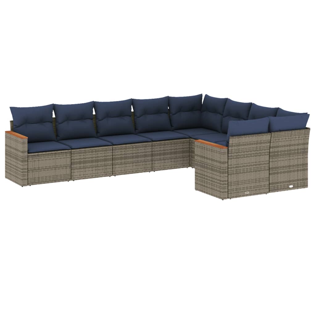 9 Piece Garden Sofa Set with Cushions Grey Poly Rattan