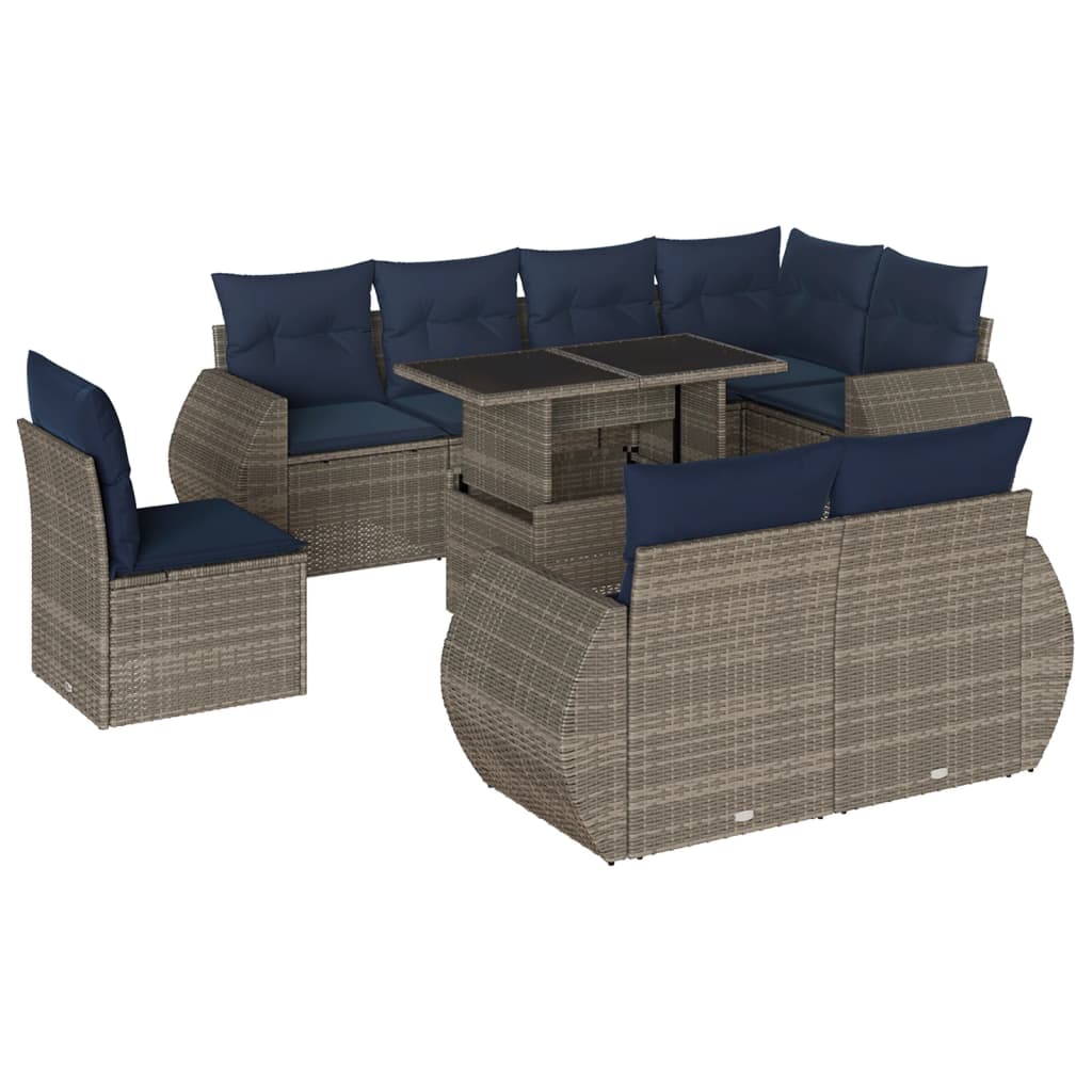 9 Piece Garden Sofa Set with Cushions Grey Poly Rattan