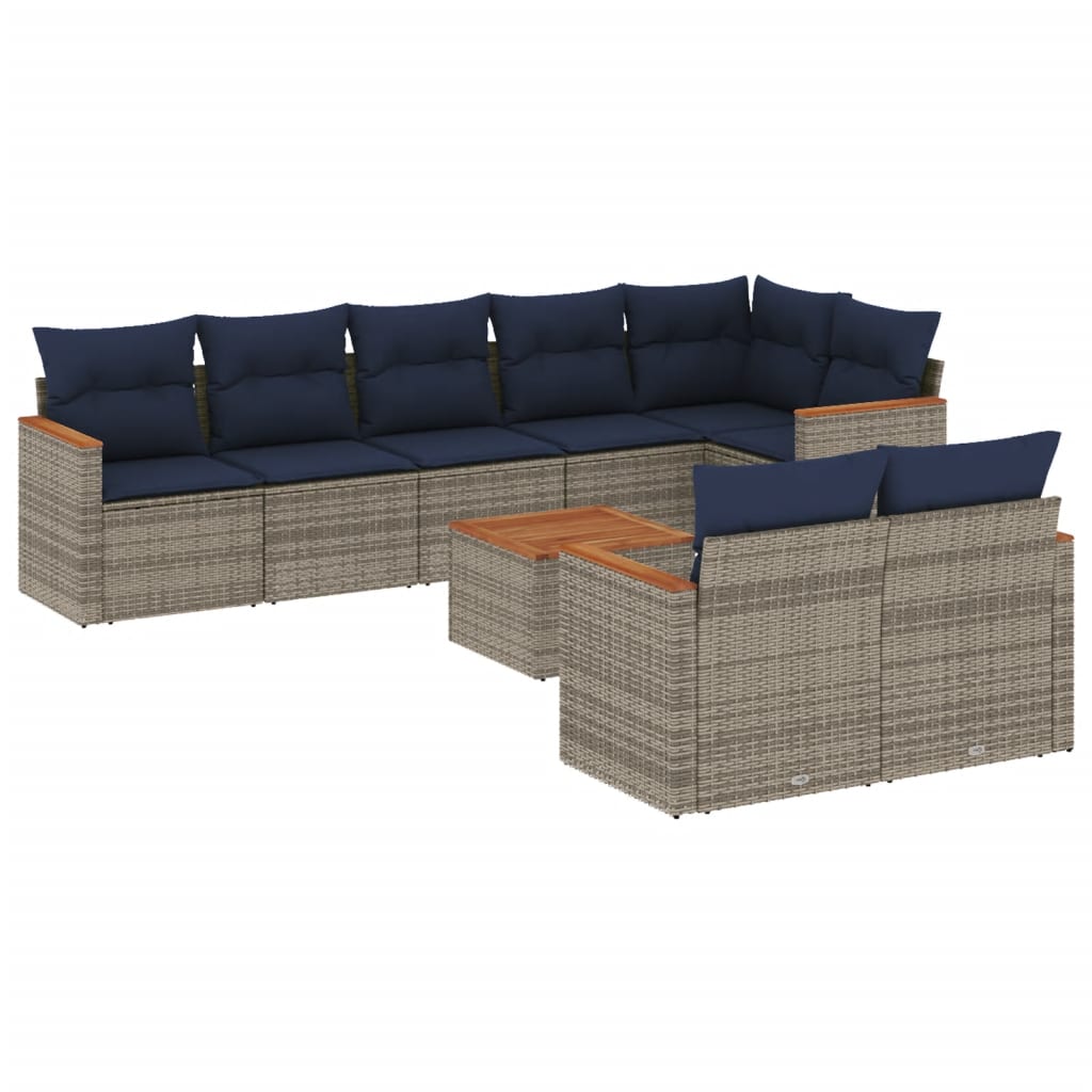 9 Piece Garden Sofa Set with Cushions Grey Poly Rattan