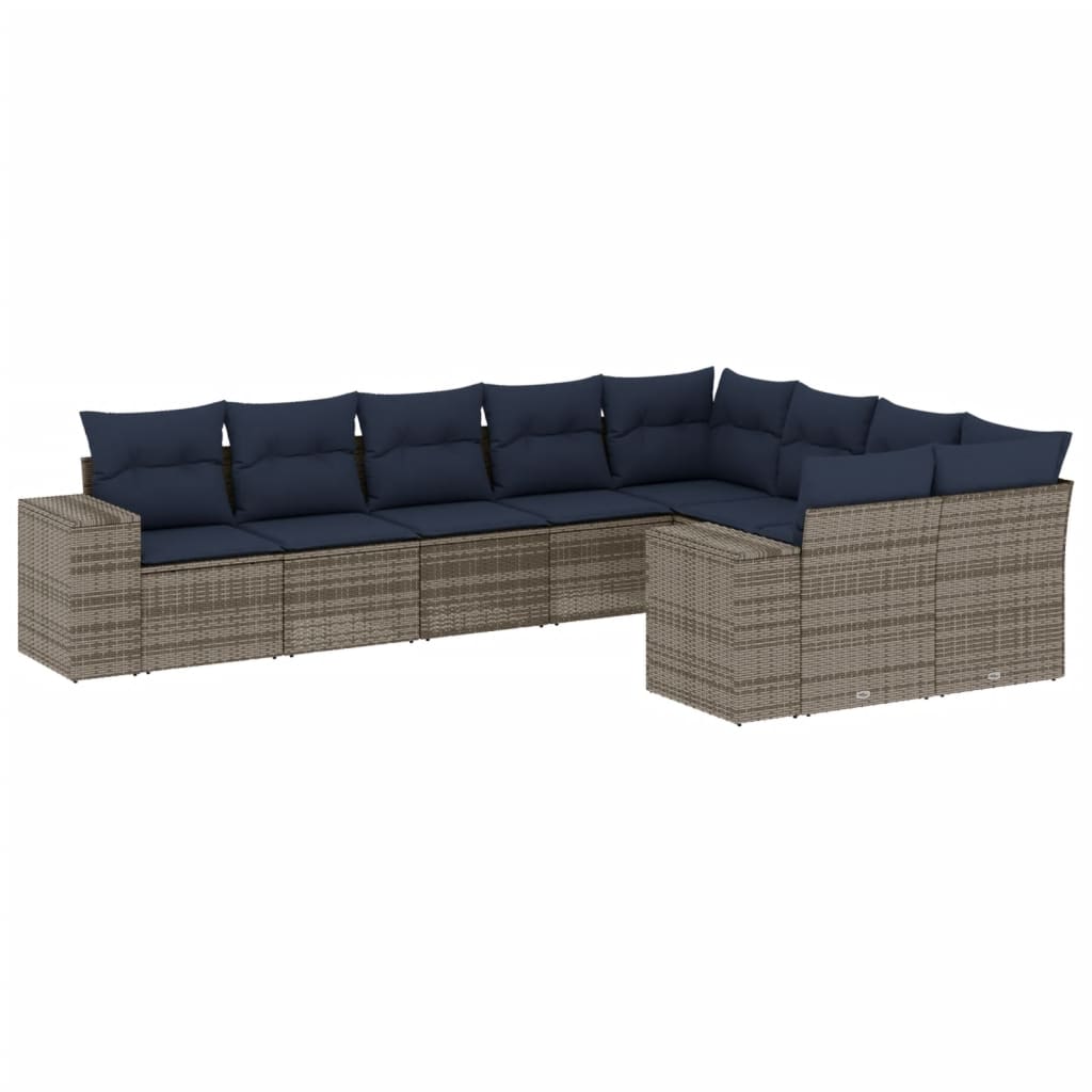 9 Piece Garden Sofa Set with Cushions Grey Poly Rattan