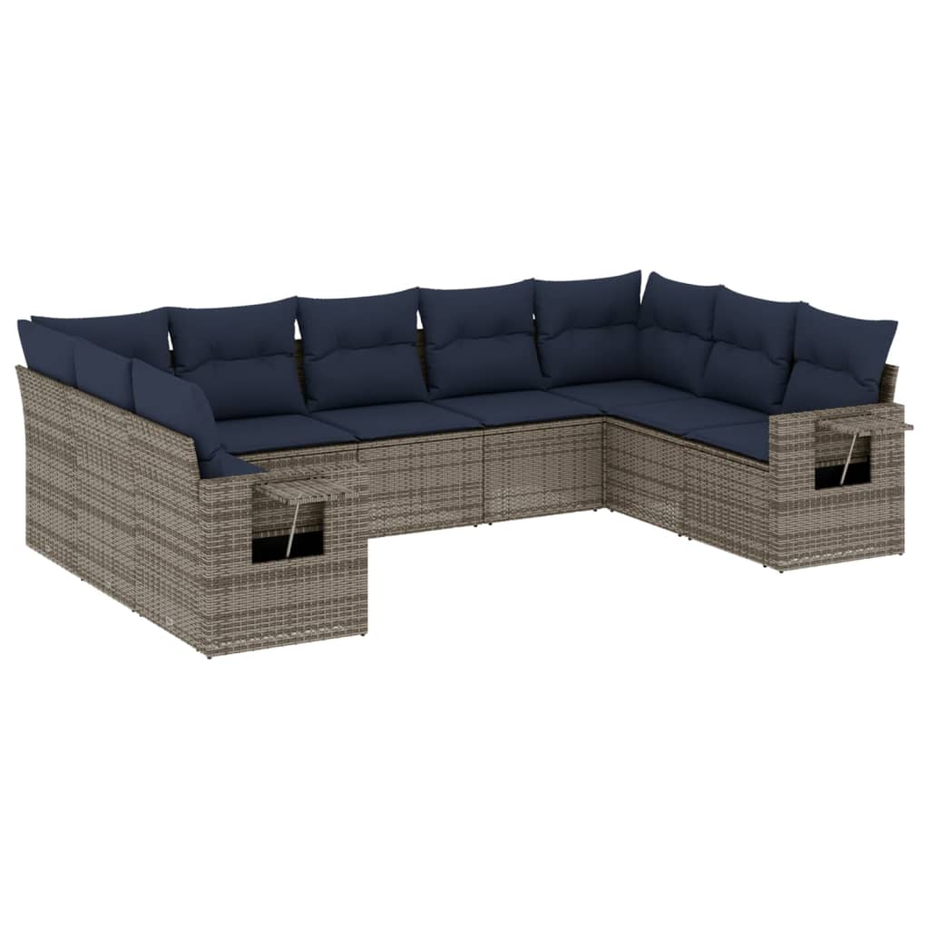 9 Piece Garden Sofa Set with Cushions Grey Poly Rattan