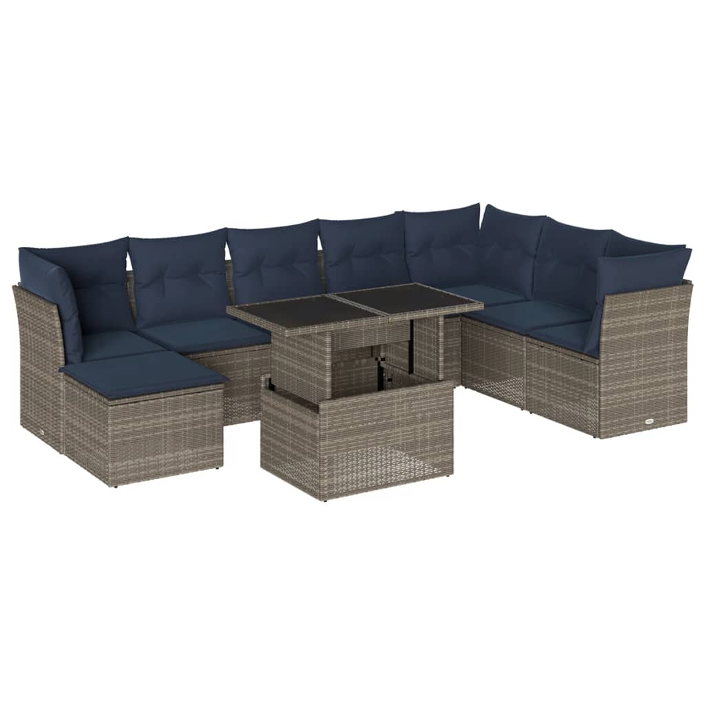 9 Piece Garden Sofa Set with Cushions Grey Poly Rattan