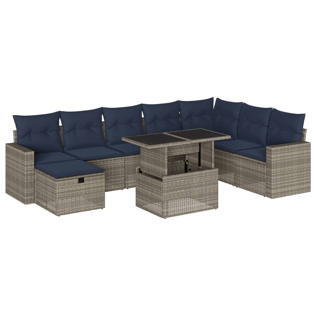 9 Piece Garden Sofa Set with Cushions Grey Poly Rattan