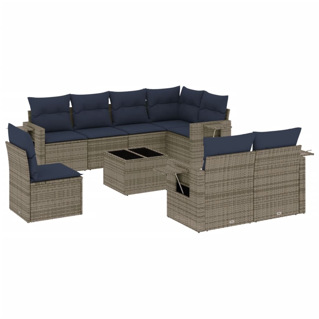 9 Piece Garden Sofa Set with Cushions Grey Poly Rattan