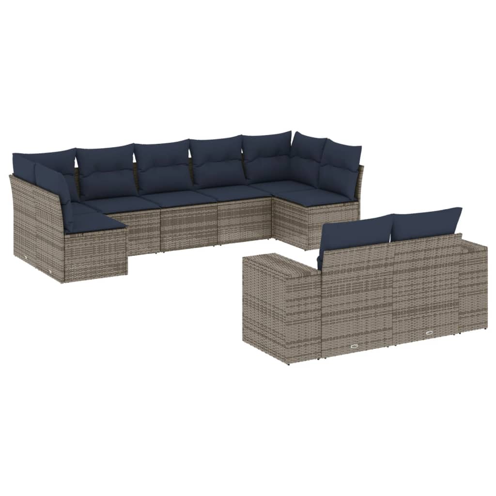 9 Piece Garden Sofa Set with Cushions Grey Poly Rattan