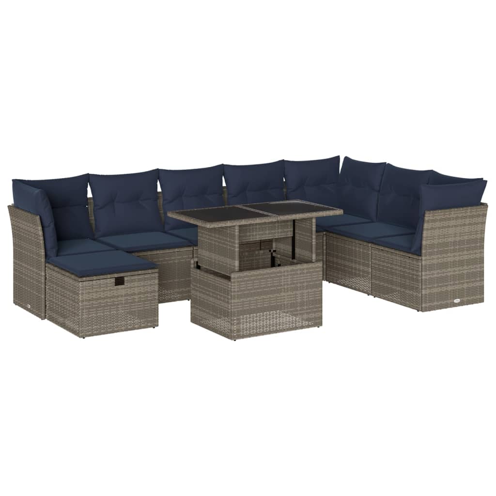 9 Piece Garden Sofa Set with Cushions Grey Poly Rattan