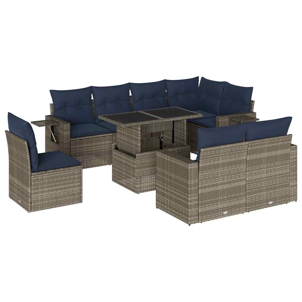 9 Piece Garden Sofa Set with Cushions Grey Poly Rattan
