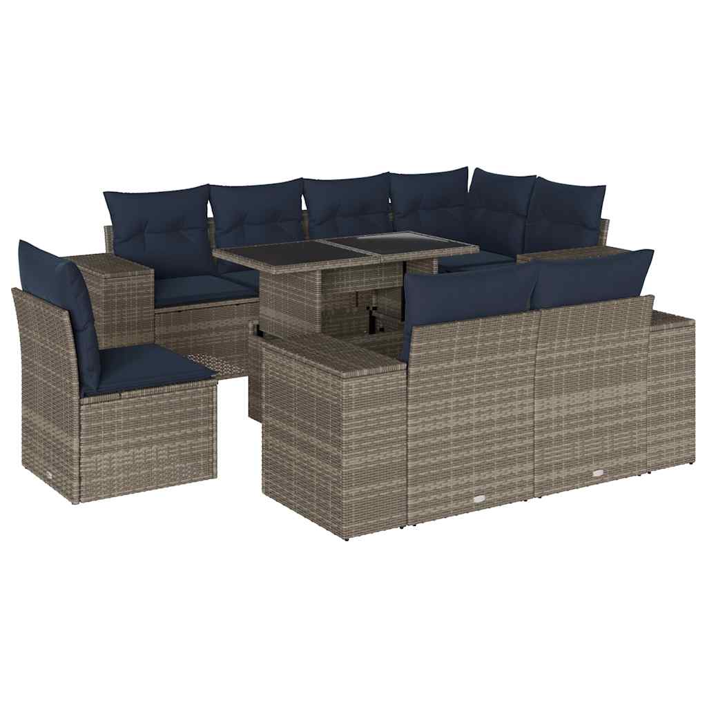 9 Piece Garden Sofa Set with Cushions Grey Poly Rattan
