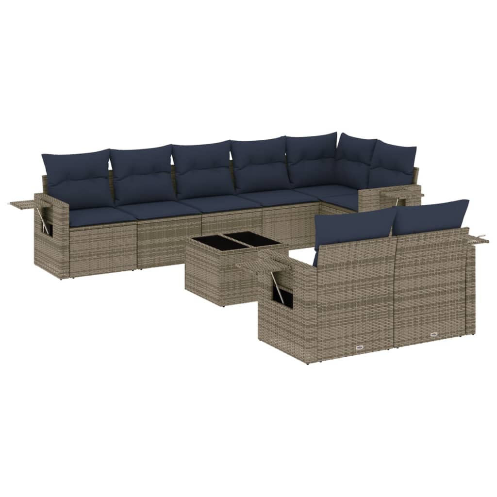 9 Piece Garden Sofa Set with Cushions Grey Poly Rattan