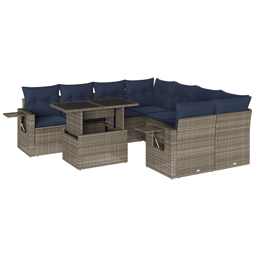 9 Piece Garden Sofa Set with Cushions Grey Poly Rattan
