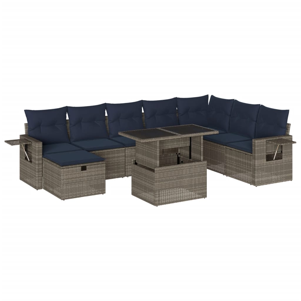 9 Piece Garden Sofa Set with Cushions Grey Poly Rattan