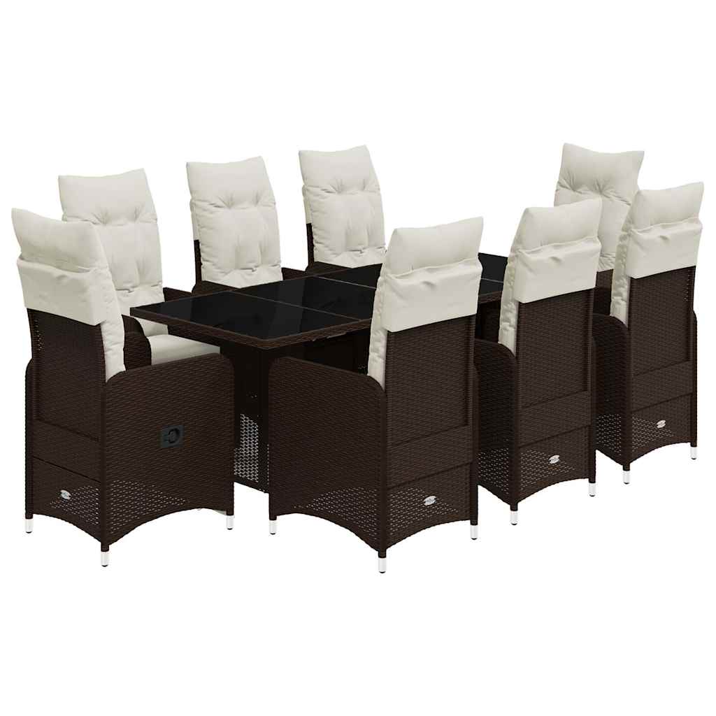 9 Piece Patio Bistro Set with Cushions Brown Poly Rattan