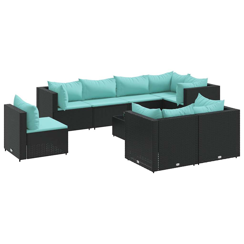 9 Piece Patio Lounge Set with Cushions Black Poly Rattan