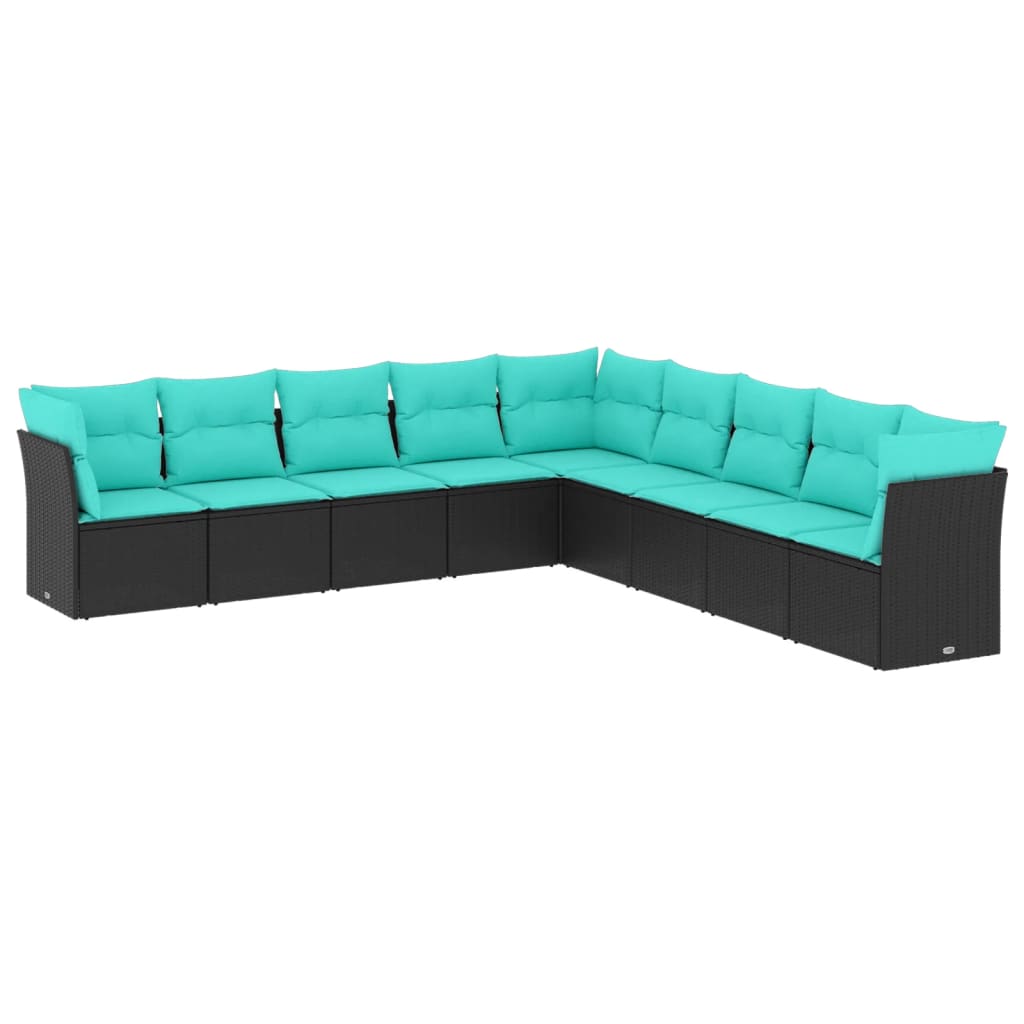 9 Piece Patio Sofa Set with Cushions Black Poly Rattan