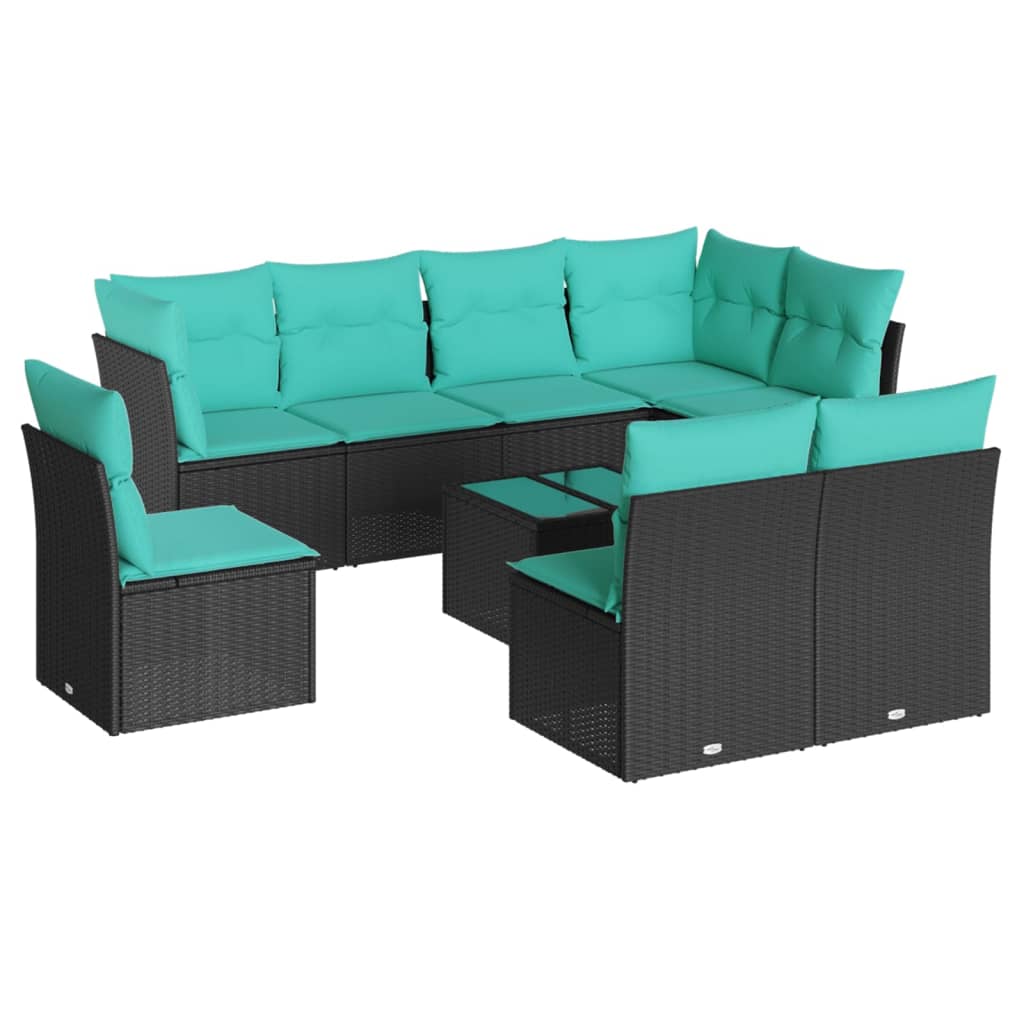 9 Piece Patio Sofa Set with Cushions Black Poly Rattan
