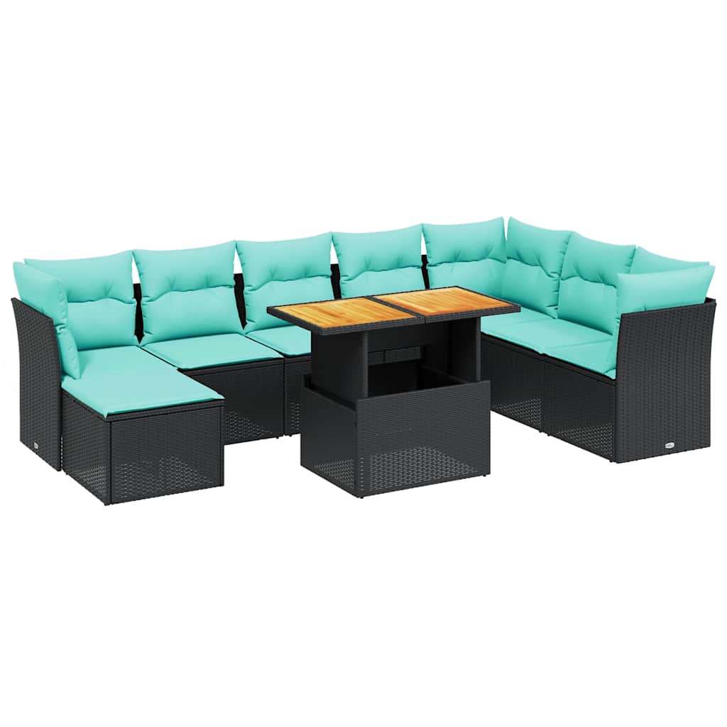 9 Piece Patio Sofa Set with Cushions Black Poly Rattan