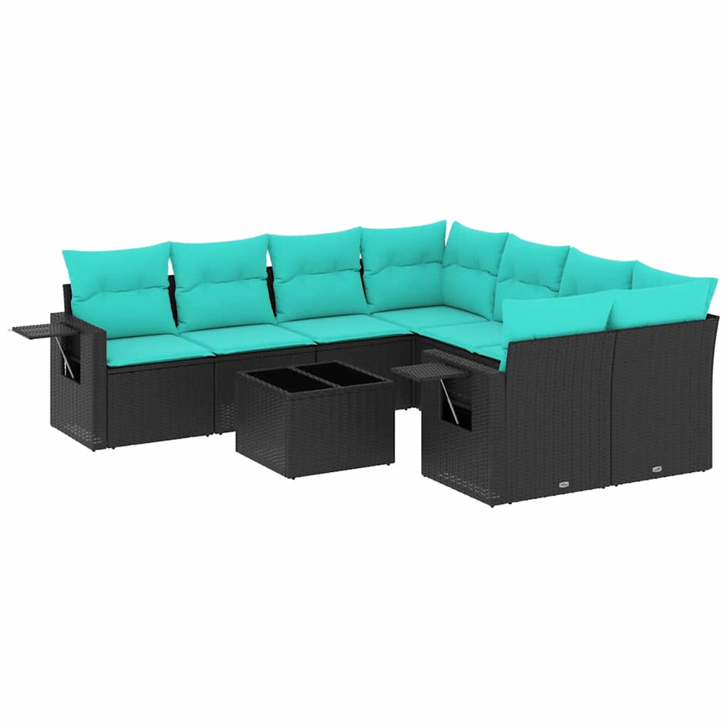 9 Piece Patio Sofa Set with Cushions Black Poly Rattan
