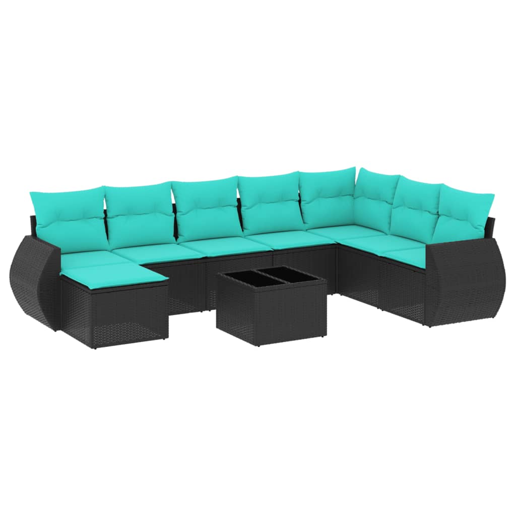 9 Piece Patio Sofa Set with Cushions Black Poly Rattan