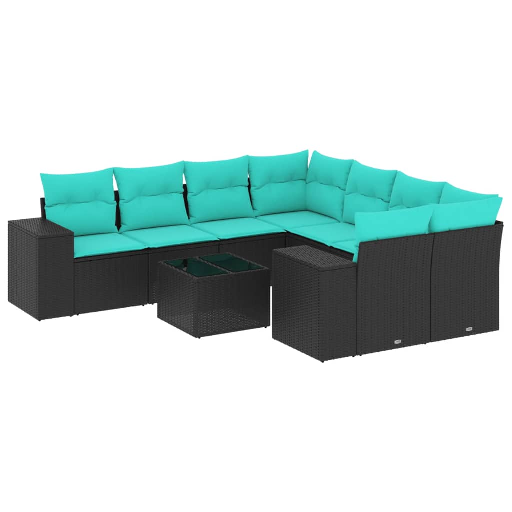 9 Piece Patio Sofa Set with Cushions Black Poly Rattan