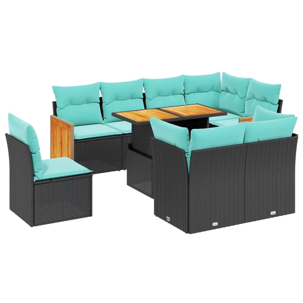 9 Piece Patio Sofa Set with Cushions Black Poly Rattan