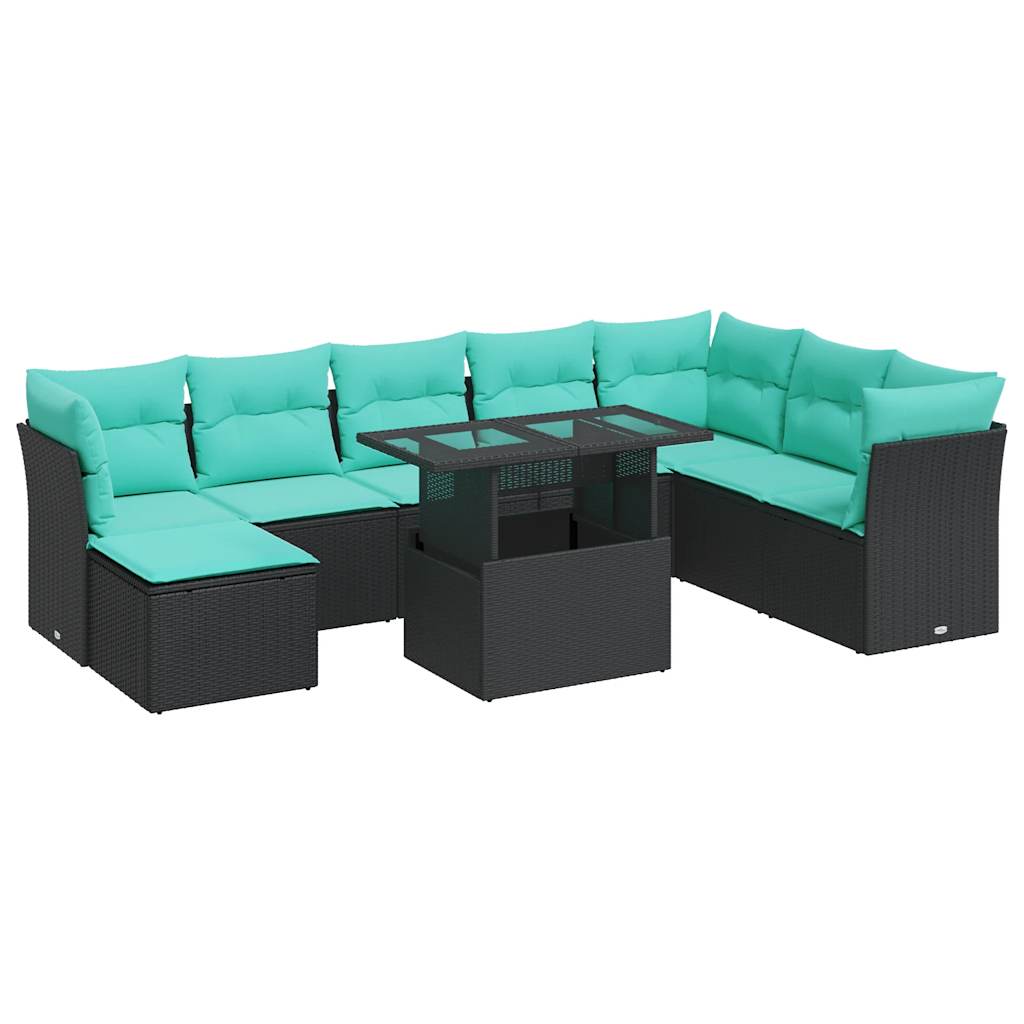 9 Piece Patio Sofa Set with Cushions Black Poly Rattan Acacia