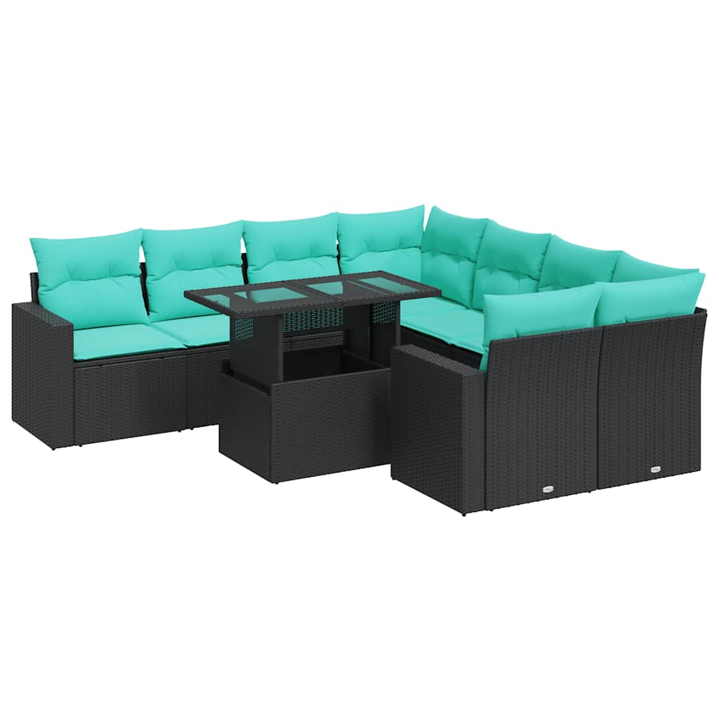 9 Piece Patio Sofa Set with Cushions Black Poly Rattan Acacia