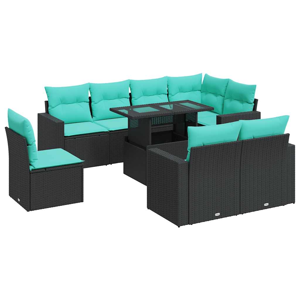9 Piece Patio Sofa Set with Cushions Black Poly Rattan Acacia