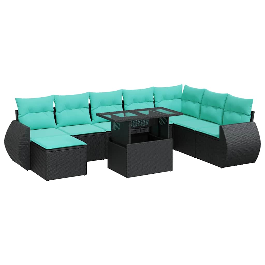 9 Piece Patio Sofa Set with Cushions Black Poly Rattan Acacia